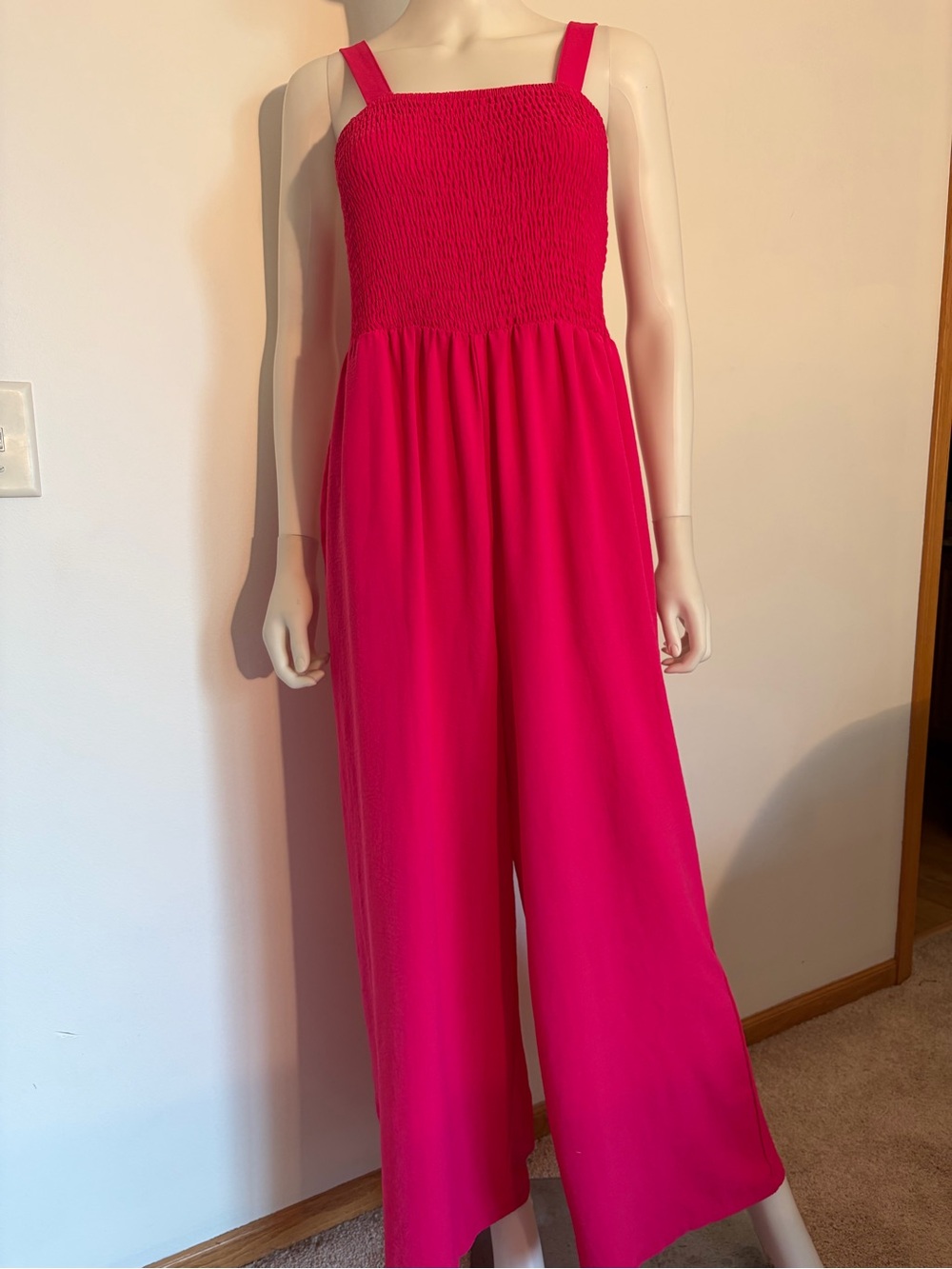 #872 Smocked Bodice Wide-Leg Jumpsuit in Fuchsia.  Wonderful Condition.